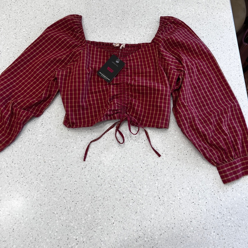 Levi's Burgundy Plaid Cropped Peasant Blouse